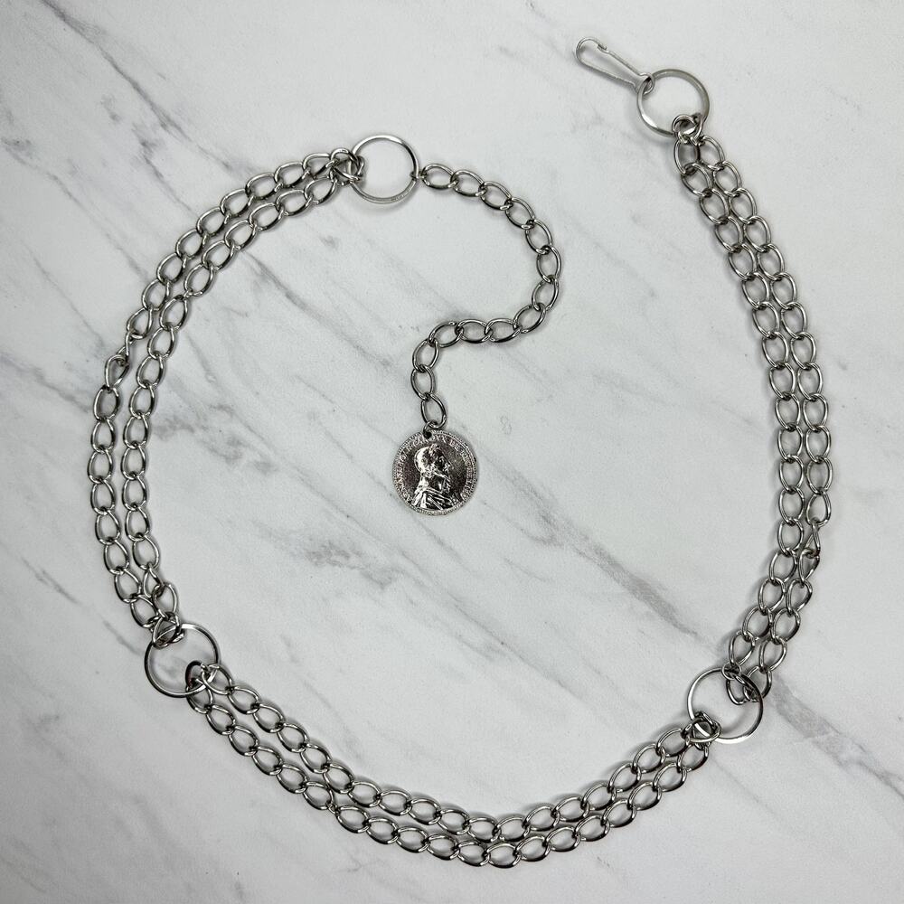 Coin Charm Silver Tone Metal Chain Link Belt Small (S) Classical Y2K Edgy ⚡